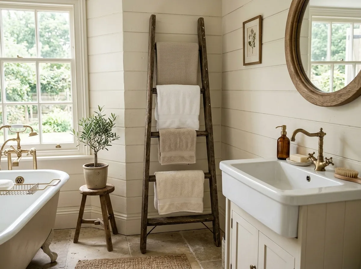 Wooden ladder towel rack in a farmhouse bathroom